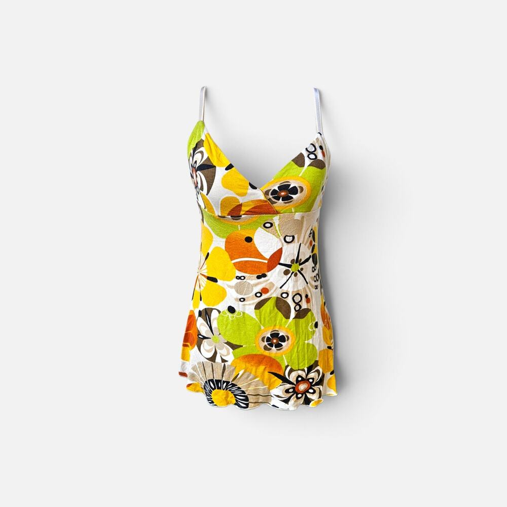 Y2k Euro Cami Top Psychedelic Floral Mini Lime Green & Orange - Size Small
